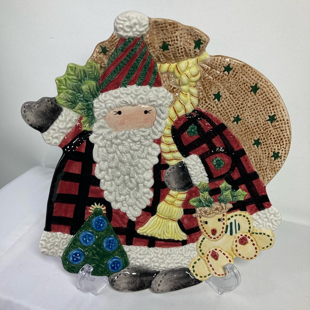 Fitz and Floyd Christmas Ceramic Plate Santa Reindeer Appetizer Decor 8.25" x 9"